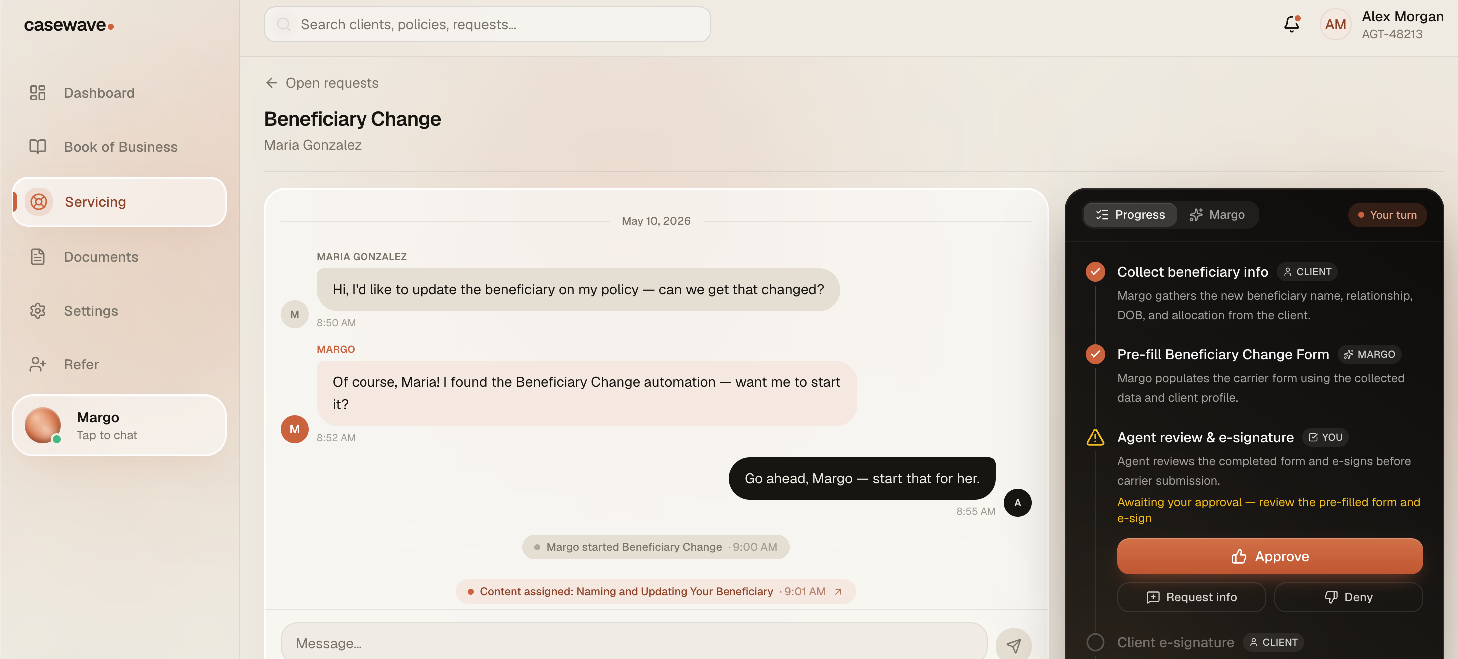 Margo handling a beneficiary change request in Casewave