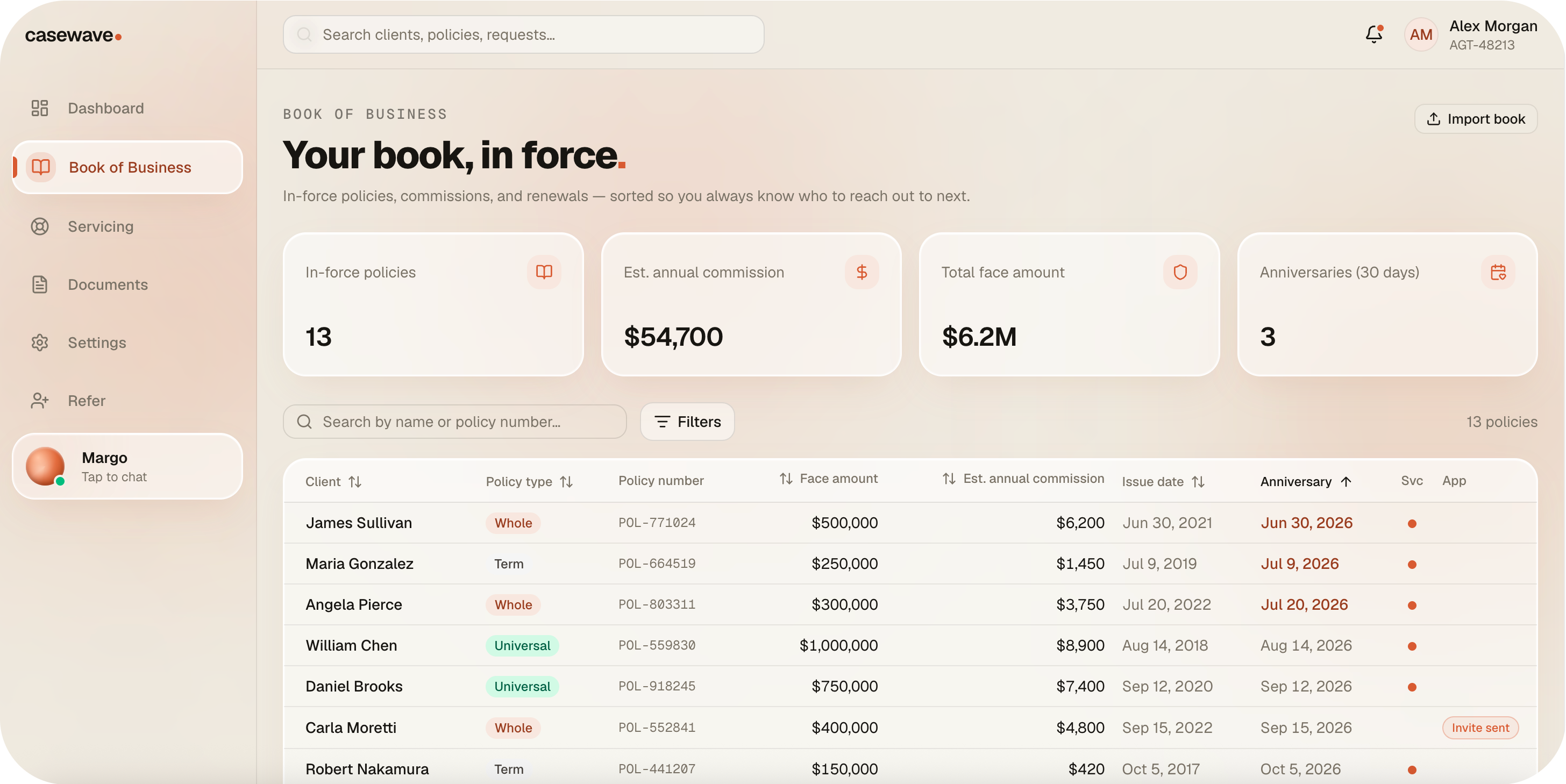 Casewave Book of Business dashboard